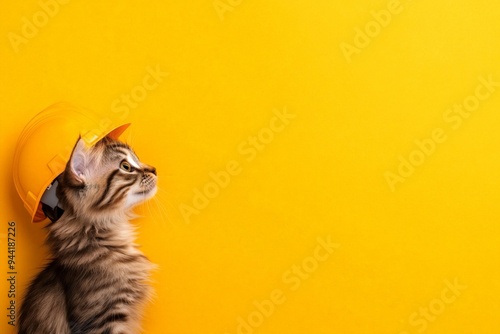 Adorable Tabby Kitten with Construction Helmet on Bright Yellow Background isolated with copy space photo