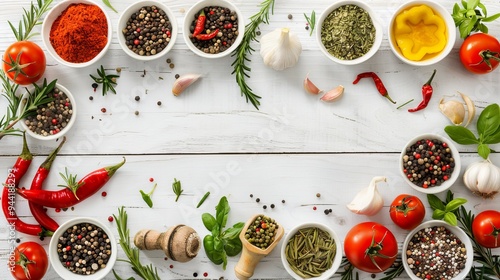 Food banner. Spices, vegetables and herbs on a white wooden background. Top view. free space for your text. Rustic style. 