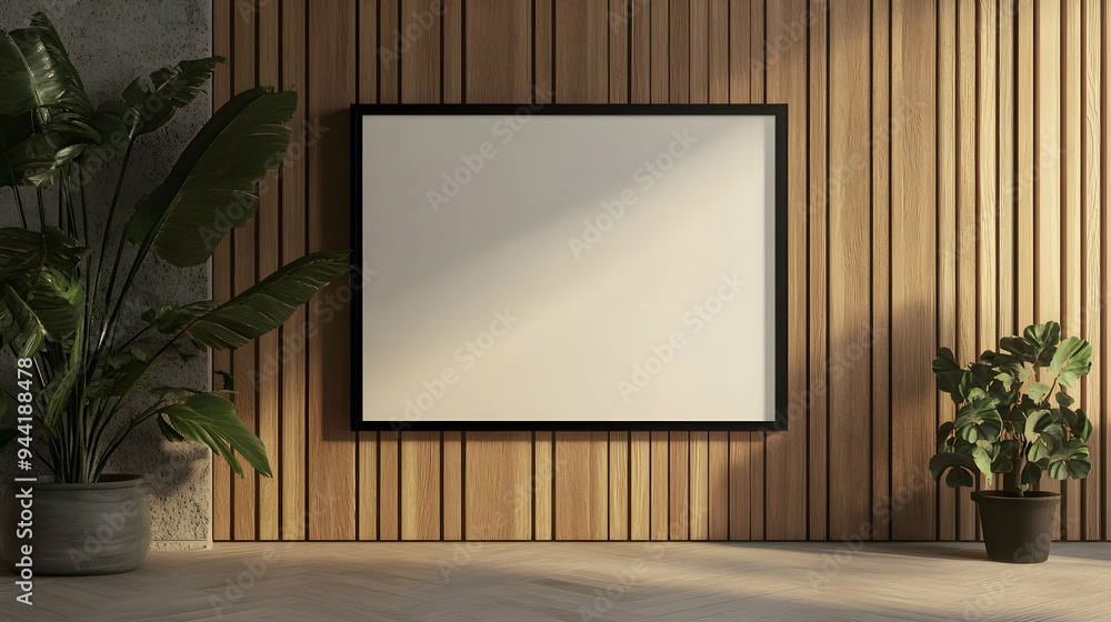 Black Horizontal Poster Art Frame Mockup with passepartout near wooden wall, Black Horizontal Poster Art Frame Mockup with passepartout near wooden wall,