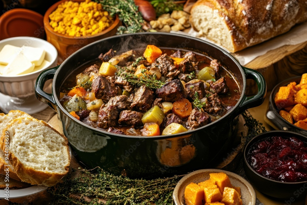A Rustic Feast with Beef Stew, Bread, and Sides A Rustic Feast with Beef Stew, Bread, and Sides