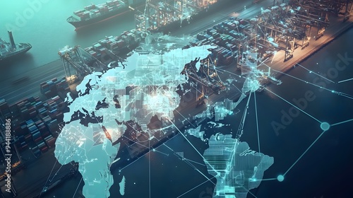 Fototapeta Naklejka Na Ścianę i Meble -  Aerial view of a global shipping network with a world map overlaid.