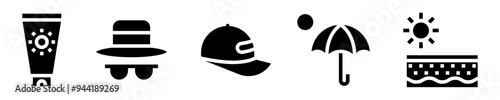 Sun protection icon set. skin care. Sunscreen, hat, sunglasses, cap, umbrella, skin with sun rays. Solid icons. Vector illustration