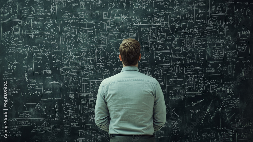 Man Analyzing Complex Flowchart on Chalkboard Man Analyzing Complex Flowchart on Chalkboard