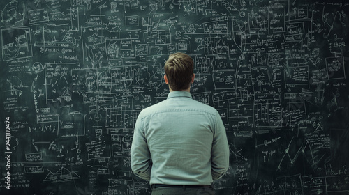 Fototapeta kuchenna Man Analyzing Complex Flowchart on Chalkboard