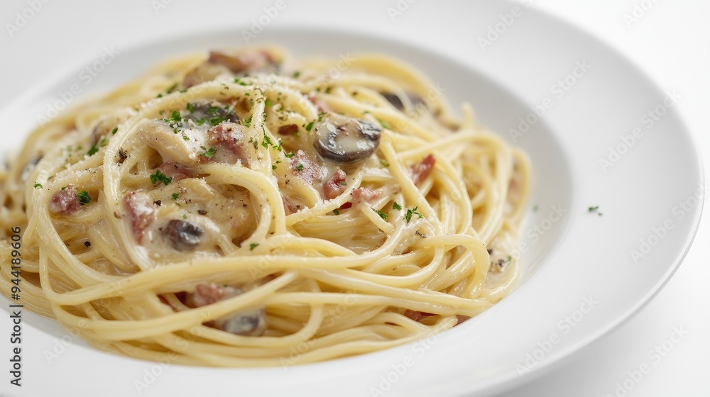 Close-up 3D view of spaghetti carbonara with mushrooms, emphasizing the rich, creamy texture and vibrant colors of the dish on a plain white background, no people. Close-up 3D view of spaghetti carbonara with mushrooms, emphasizing the rich, creamy texture and vibrant colors of the dish on a plain white background, no people.