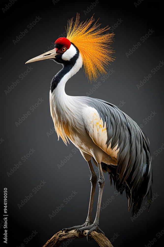 Grey Crowned Crane Bird, Perched on a Branch with Black Background, Photo Realistic, Wallpaper, Cover and Screen for Smartphone, Cell Phone, Computer, Laptop, 9:16 and 16:9 Format Grey Crowned Crane Bird, Perched on a Branch with Black Background, Photo Realistic, Wallpaper, Cover and Screen for Smartphone, Cell Phone, Computer, Laptop, 9:16 and 16:9 Format