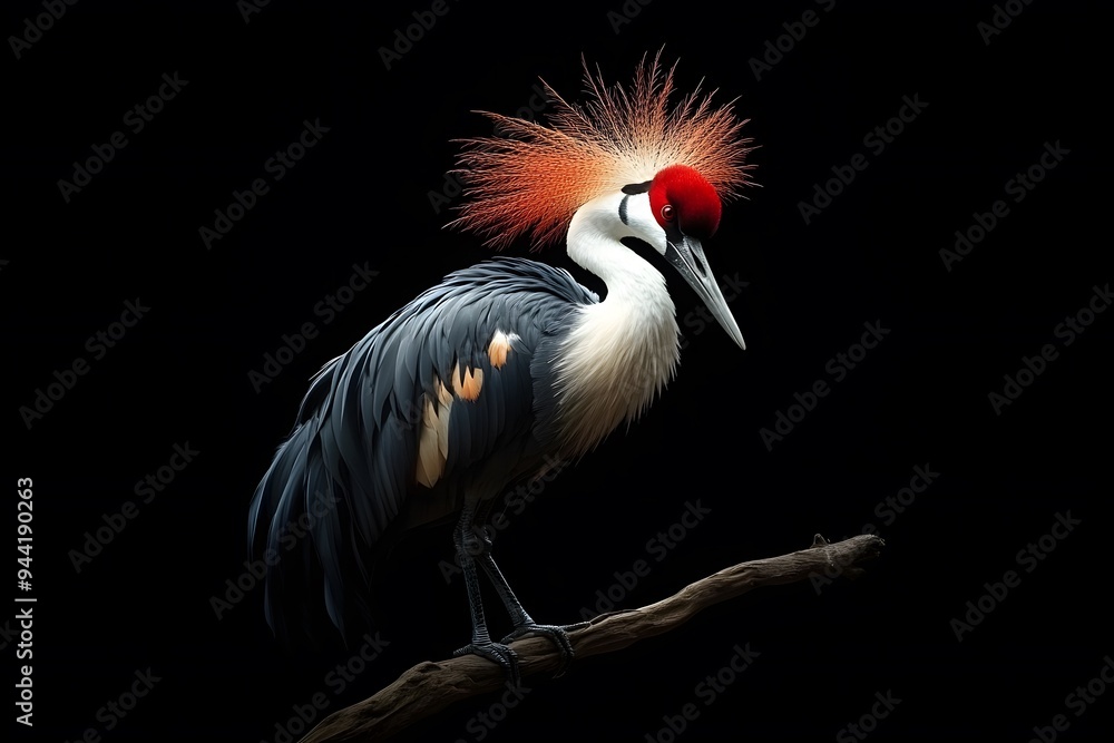 Fototapeta premium Grey Crowned Crane Bird, Perched on a Branch with Black Background, Photo Realistic, Wallpaper, Cover and Screen for Smartphone, Cell Phone, Computer, Laptop, 9:16 and 16:9 Format