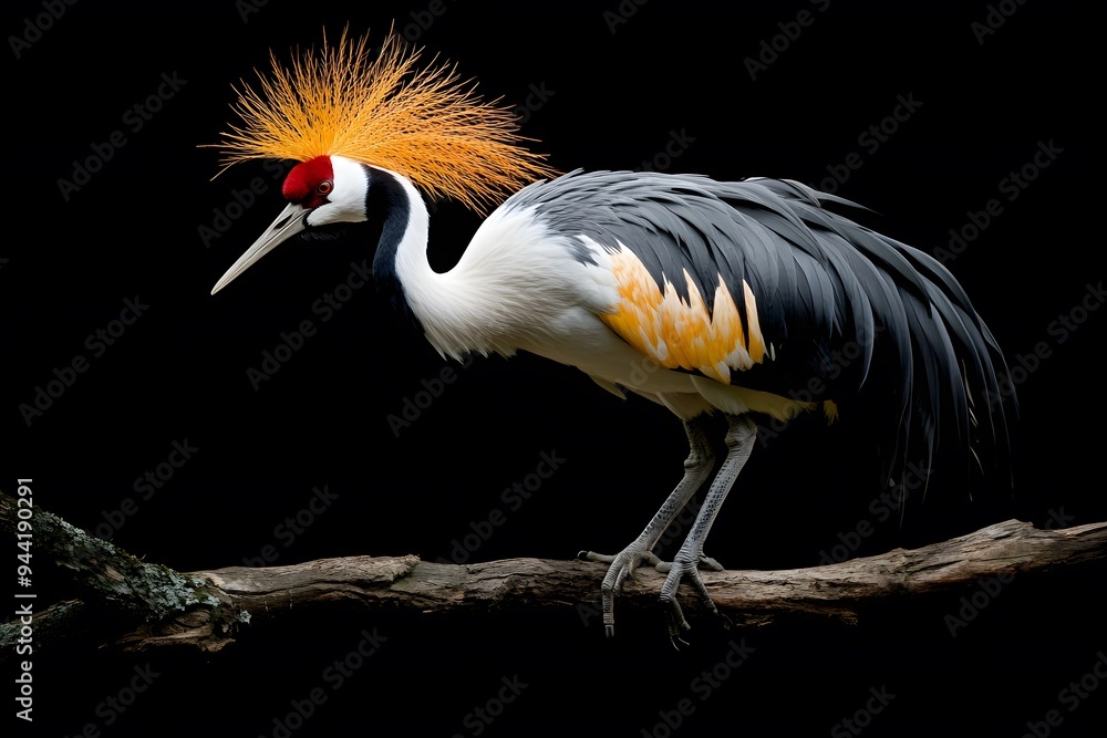 Grey Crowned Crane Bird, Perched on a Branch with Black Background, Photo Realistic, Wallpaper, Cover and Screen for Smartphone, Cell Phone, Computer, Laptop, 9:16 and 16:9 Format Grey Crowned Crane Bird, Perched on a Branch with Black Background, Photo Realistic, Wallpaper, Cover and Screen for Smartphone, Cell Phone, Computer, Laptop, 9:16 and 16:9 Format