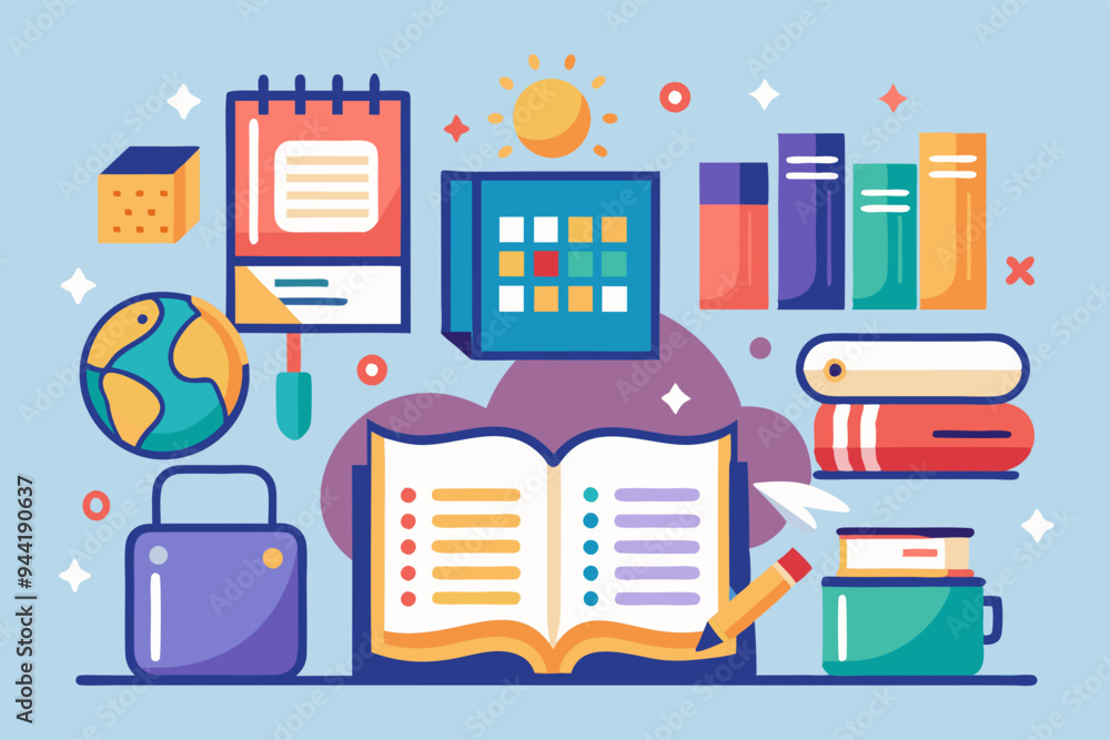 This image contains various illustrations of books, showcasing different formats and uses such as open, closed books, and a checked calendar, ideal for educational content.
This image contains various illustrations of books, showcasing different formats and uses such as open, closed books, and a checked calendar, ideal for educational content.