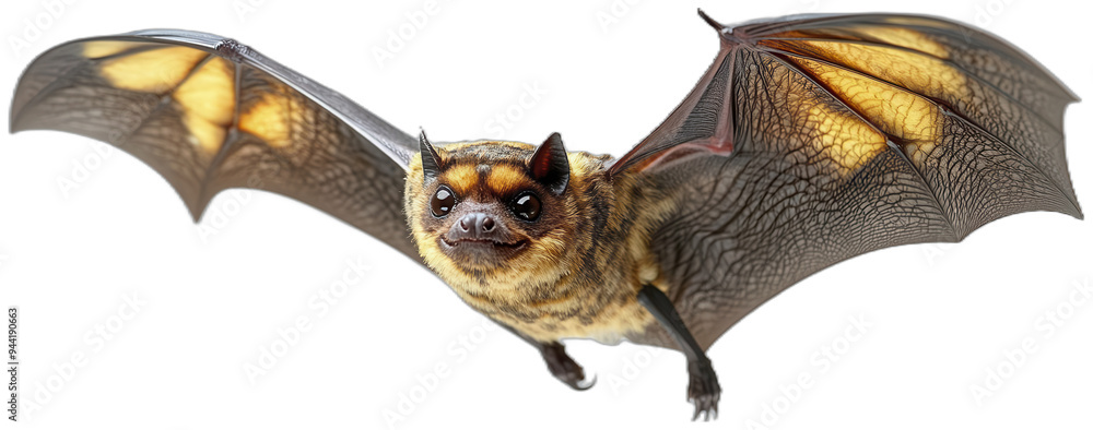 Obraz premium A bat with distinctive yellow markings on its wings flies in mid-air