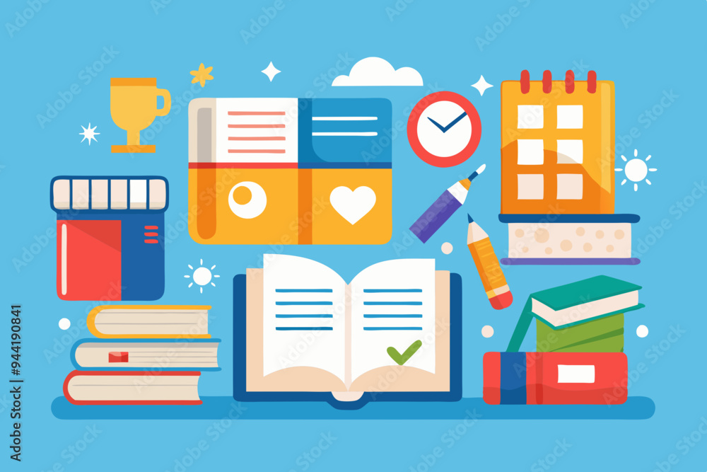 This image contains various illustrations of books, showcasing different formats and uses such as open, closed books, and a checked calendar, ideal for educational content.
This image contains various illustrations of books, showcasing different formats and uses such as open, closed books, and a checked calendar, ideal for educational content.