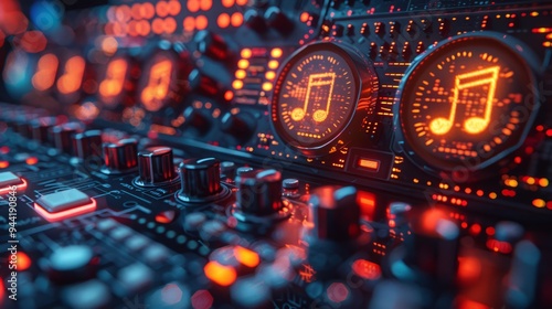 A close-up view showcases illuminated knobs and buttons on a music production mixer in a dimly lit studio, indicating active sound mixing and creativity