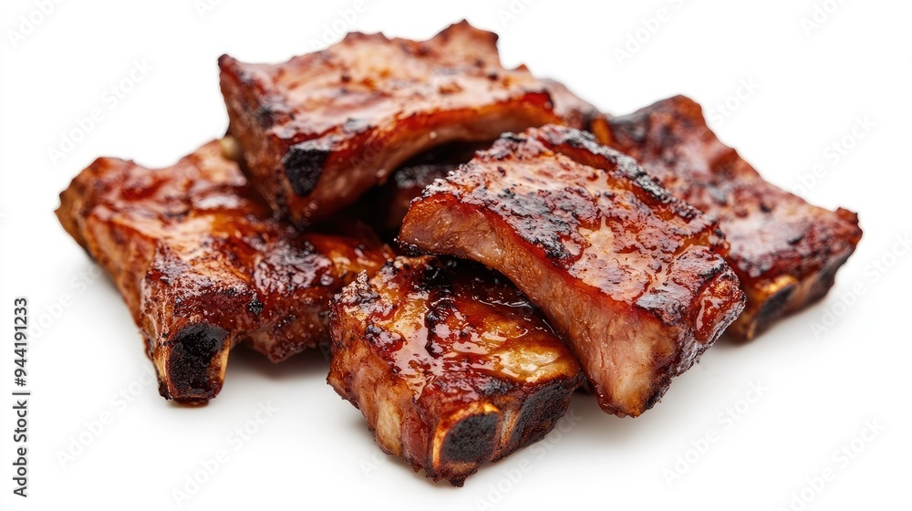 Close-up 3D view of succulent grilled pork with visible hot smoke, capturing the caramelized exterior and mouthwatering details on a plain white background, no people. Close-up 3D view of succulent grilled pork with visible hot smoke, capturing the caramelized exterior and mouthwatering details on a plain white background, no people.