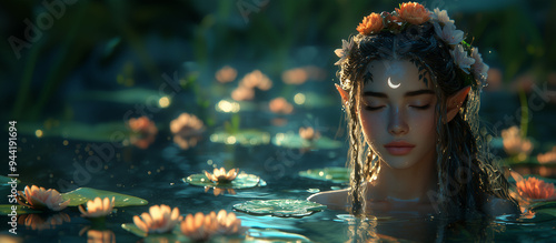 A pretty woman moonlight elf relaxing in the water.