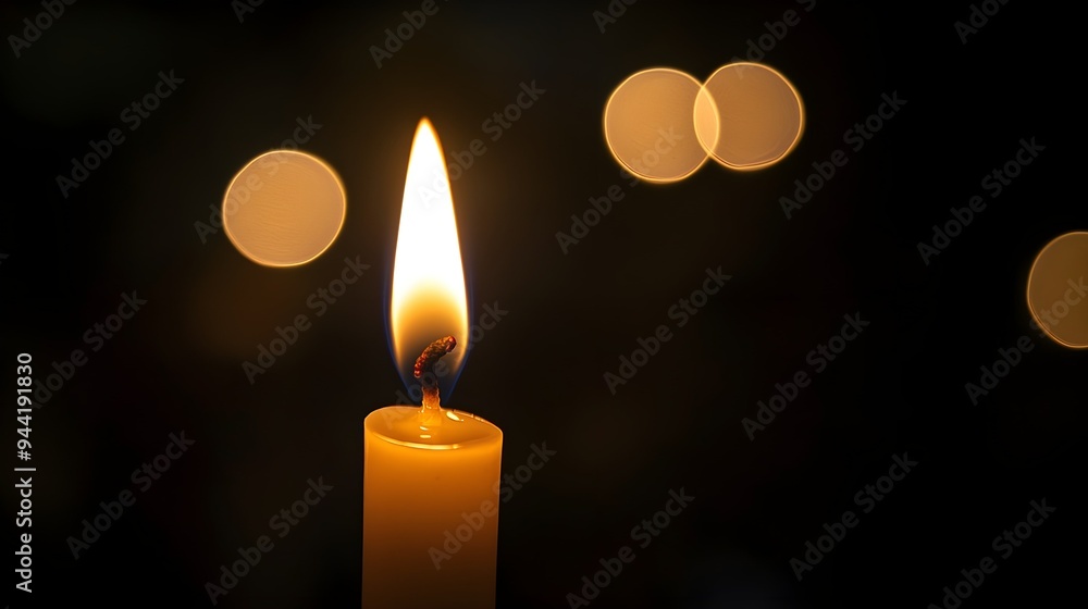 Close up single candle light and flame on black background Close up single candle light and flame on black background