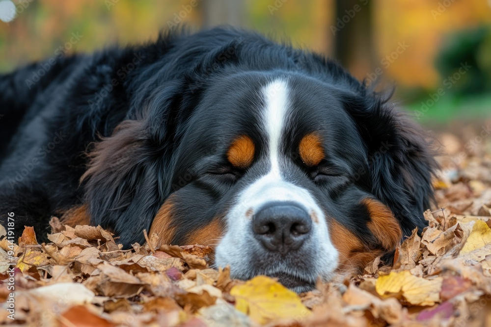 Bernese Mountain Dog Sleeping in a Pile of Autumn Leaves Bernese Mountain Dog Sleeping in a Pile of Autumn Leaves