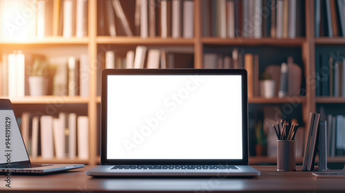 A modern workspace featuring a laptop with a blank screen, surrounded by books and stationery, perfect for creative projects.