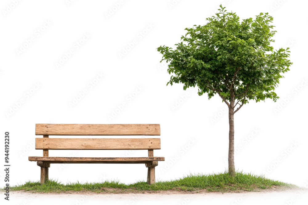A serene wooden bench beside a lush green tree, perfect for relaxation and enjoying nature in a tranquil setting isolate on transparency background A serene wooden bench beside a lush green tree, perfect for relaxation and enjoying nature in a tranquil setting isolate on transparency background