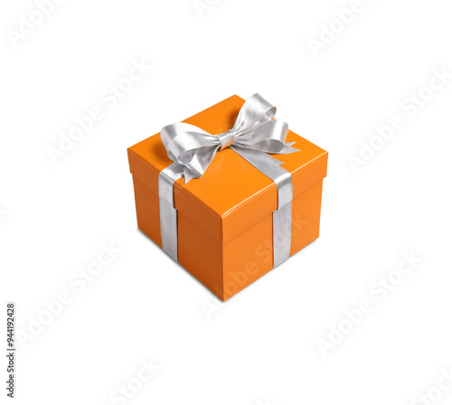 orange gift box with silver bow, isolated on transparent background, thanksgiving, christmas, birthday, anniversary, valentine
