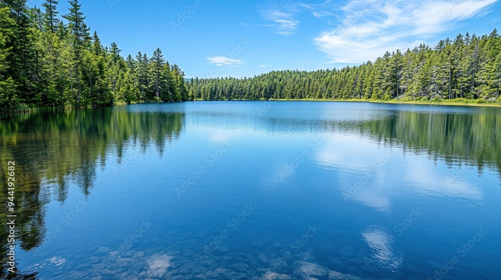 Serene Forest Lake with Blue Sky and Clouds