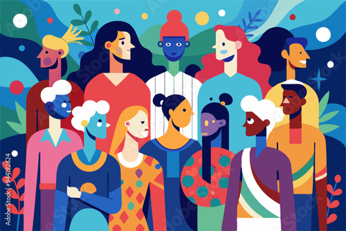 An abstract painting showcases a group of diverse, colorful, and indistinct figures standing together, representing unity, diversity, and shared human experience in a vibrant artistic style.
