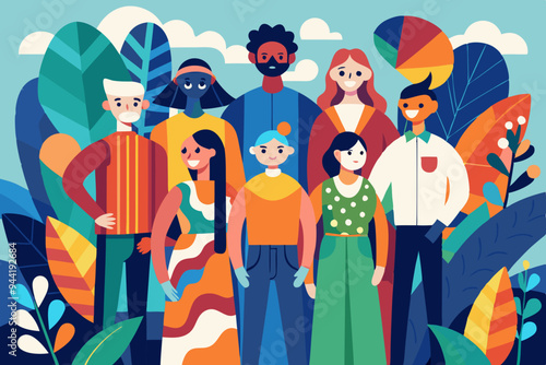 An abstract painting showcases a group of diverse, colorful, and indistinct figures standing together, representing unity, diversity, and shared human experience in a vibrant artistic style.
