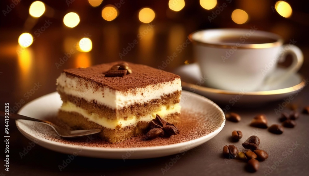 tiramisu on a plate with a cup of coffee on the table against a yellow bokeh background with lights.
tiramisu on a plate with a cup of coffee on the table against a yellow bokeh background with lights.