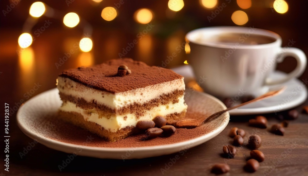 tiramisu on a plate with a cup of coffee on the table against a yellow bokeh background with lights.
tiramisu on a plate with a cup of coffee on the table against a yellow bokeh background with lights.