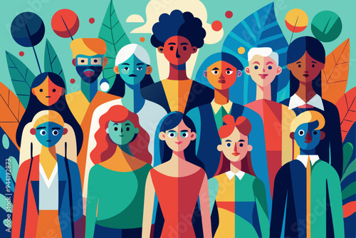 An abstract painting showcases a group of diverse, colorful, and indistinct figures standing together, representing unity, diversity, and shared human experience in a vibrant artistic style.
