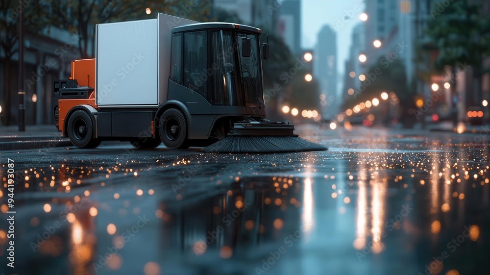 A modern sweeper vehicle cleaning a wet street after rain, water reflecting city lights, photorealistic, hyper-resolution, glistening and tidy scene A modern sweeper vehicle cleaning a wet street after rain, water reflecting city lights, photorealistic, hyper-resolution, glistening and tidy scene