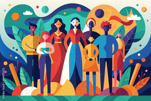 An abstract painting showcases a group of diverse, colorful, and indistinct figures standing together, representing unity, diversity, and shared human experience in a vibrant artistic style.
