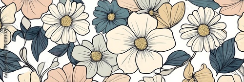 Wallpaper Mural Colorful floral doodle pattern illustration. Vintage flower drawing background design. Retro pastel color spring artwork, abstract hand drawn nature backdrop with daisy flowers.  Torontodigital.ca