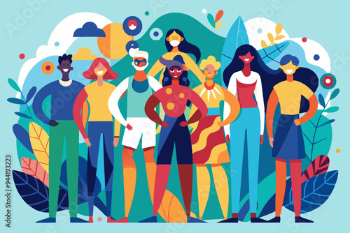 An abstract painting showcases a group of diverse, colorful, and indistinct figures standing together, representing unity, diversity, and shared human experience in a vibrant artistic style.
