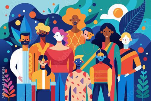 An abstract painting showcases a group of diverse, colorful, and indistinct figures standing together, representing unity, diversity, and shared human experience in a vibrant artistic style.
