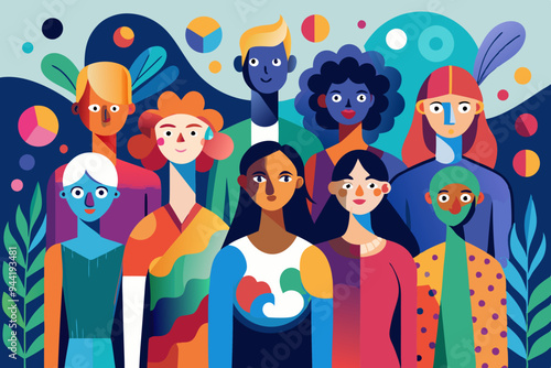 An abstract painting showcases a group of diverse, colorful, and indistinct figures standing together, representing unity, diversity, and shared human experience in a vibrant artistic style.
