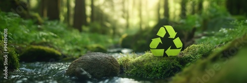 Recycling symbol in a green lush forest with moss and water stream, promoting environmental conservation. photo