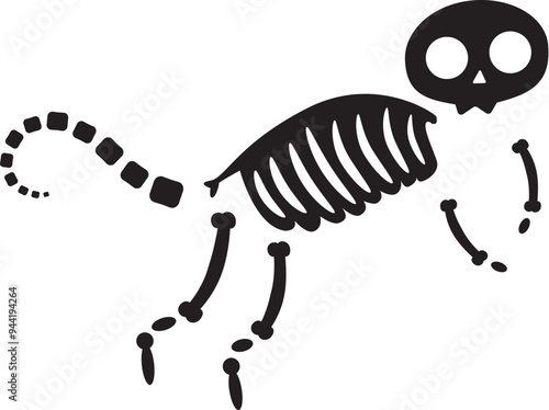 Decayed Halloween huge cat with dried skeleton bones, fairy tale creepy character. Scary ancient fossil of huge cat . Simple black and white Vector isolated on white background