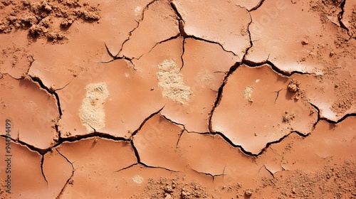 Cracked earth texture of ground, broken and rough surface red mud clay soil in summer season, crack ground floor on arid drought environment and hot weather in nature