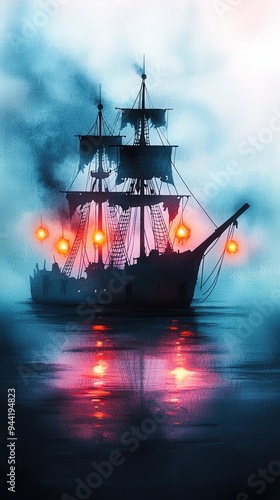 Wallpaper Mural A mystical ship emitting glowing lights sails through fog, creating an enchanting and mysterious atmosphere on the water. Torontodigital.ca