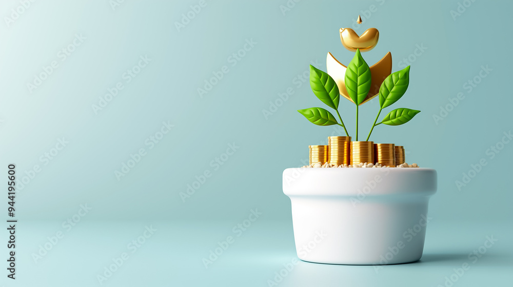 A white pot features a vibrant green plant with leaves and golden coins, symbolizing prosperity and sustainable investment, all set against a calming blue backdrop A white pot features a vibrant green plant with leaves and golden coins, symbolizing prosperity and sustainable investment, all set against a calming blue backdrop