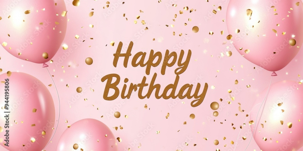Happy birthday card with pink balloons and golden confetti, text 