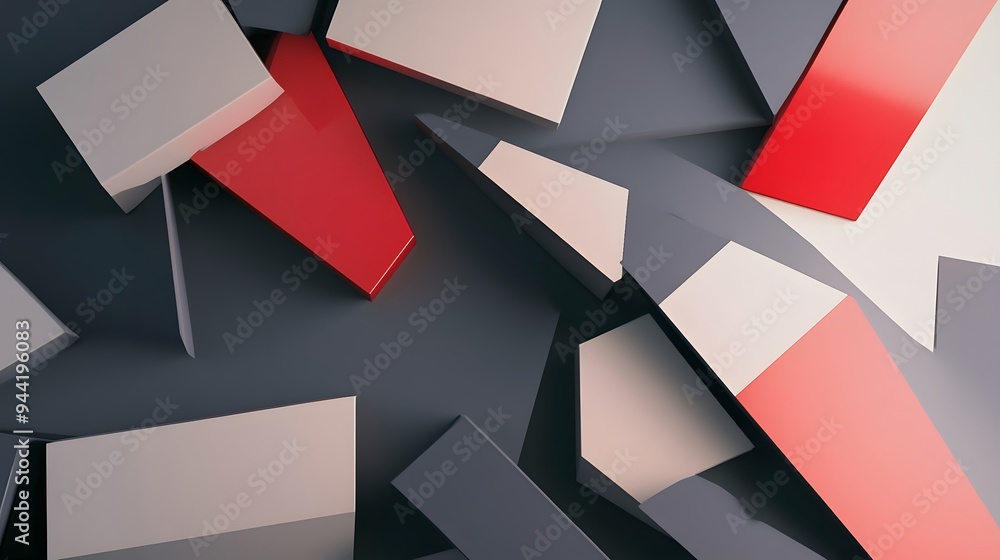 Fototapeta premium Abstract geometric background with red, gray, and white shapes.