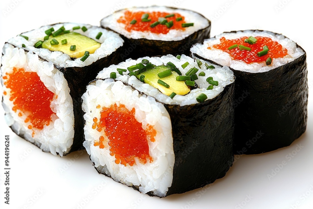Delicious Sushi Rolls with Avocado and Salmon Roe