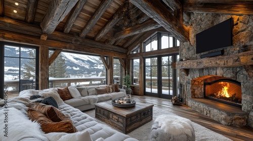 Cozy rustic mountain lodge interior with large fireplace and panoramic snowy landscape views.