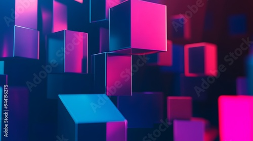 Abstract digital art with neon pink and blue cubes.