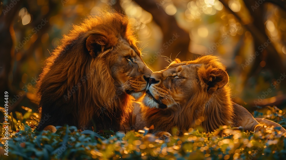 Naklejka premium Two lions nuzzle each other in a loving embrace, bathed in the golden light of the setting sun.
