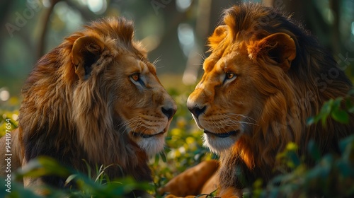 Two majestic lions with golden fur stare intensely at each other in a lush green jungle setting. photo