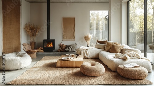 Cozy modern living room with fireplace, neutral tones, and natural textures for a relaxing ambiance.