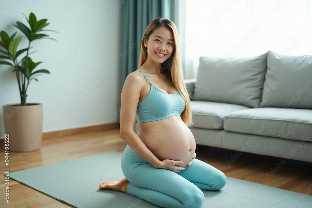 photo of pregnant woman doing yoga pose relaxing activity, generative AI photo of pregnant woman doing yoga pose relaxing activity, generative AI