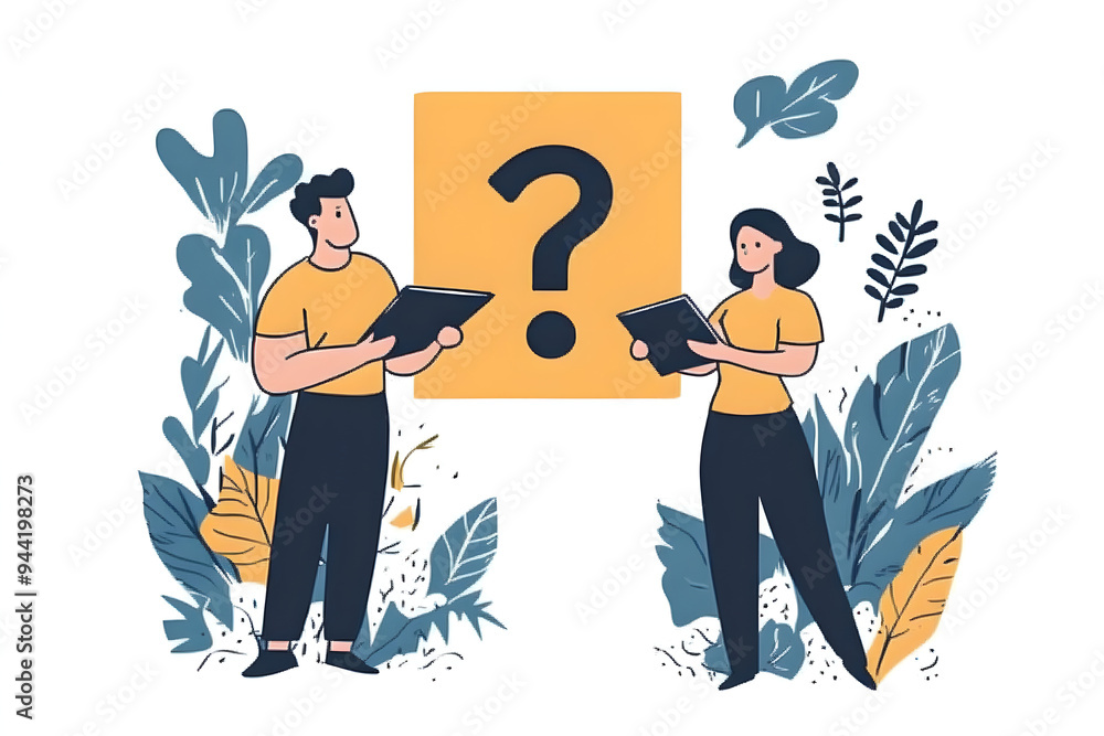 Fototapeta premium Question marks held by two people, white background, thick lines and shapes, low details Stock Illustration